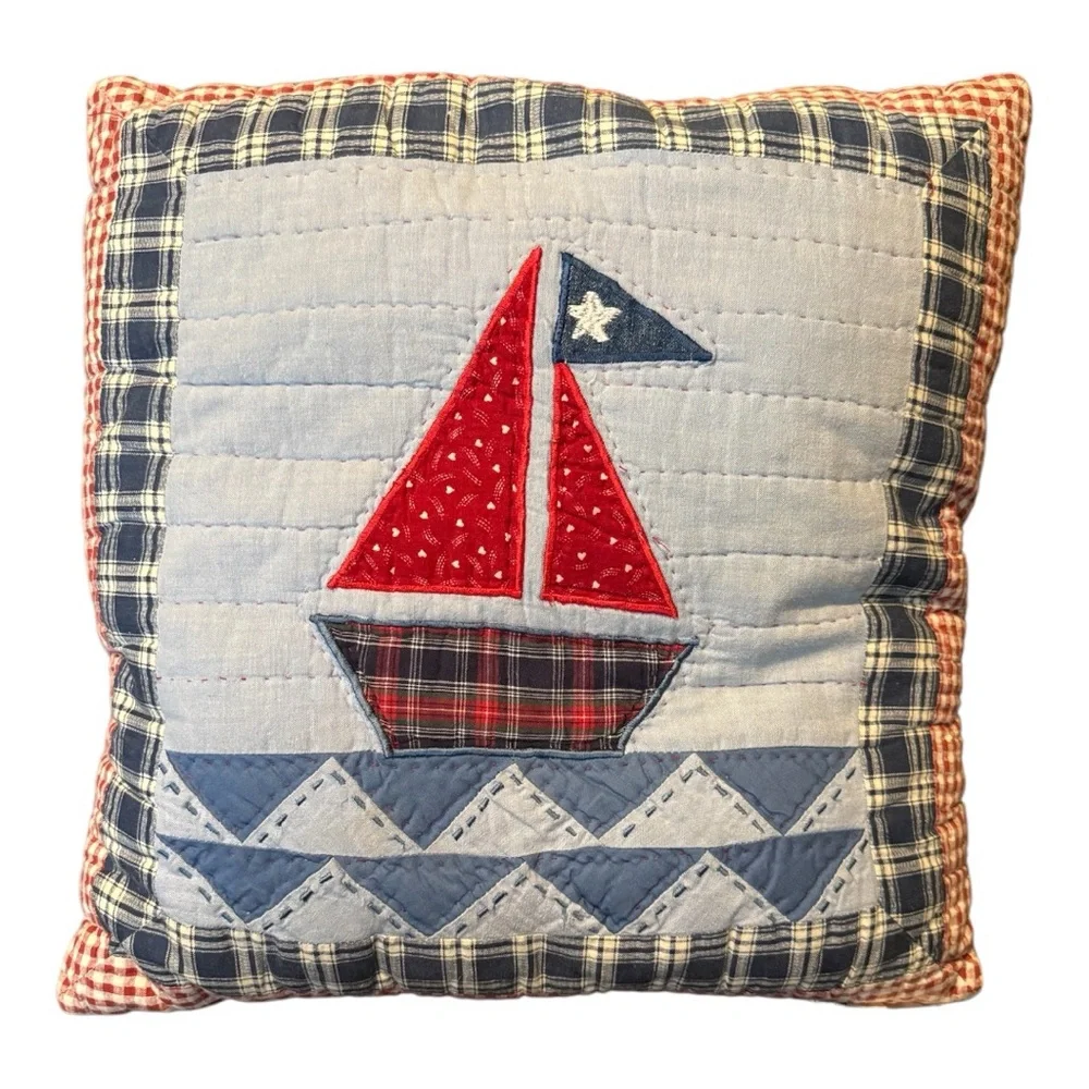 Nautical Red and Blue Sailboat Decorative Pillow